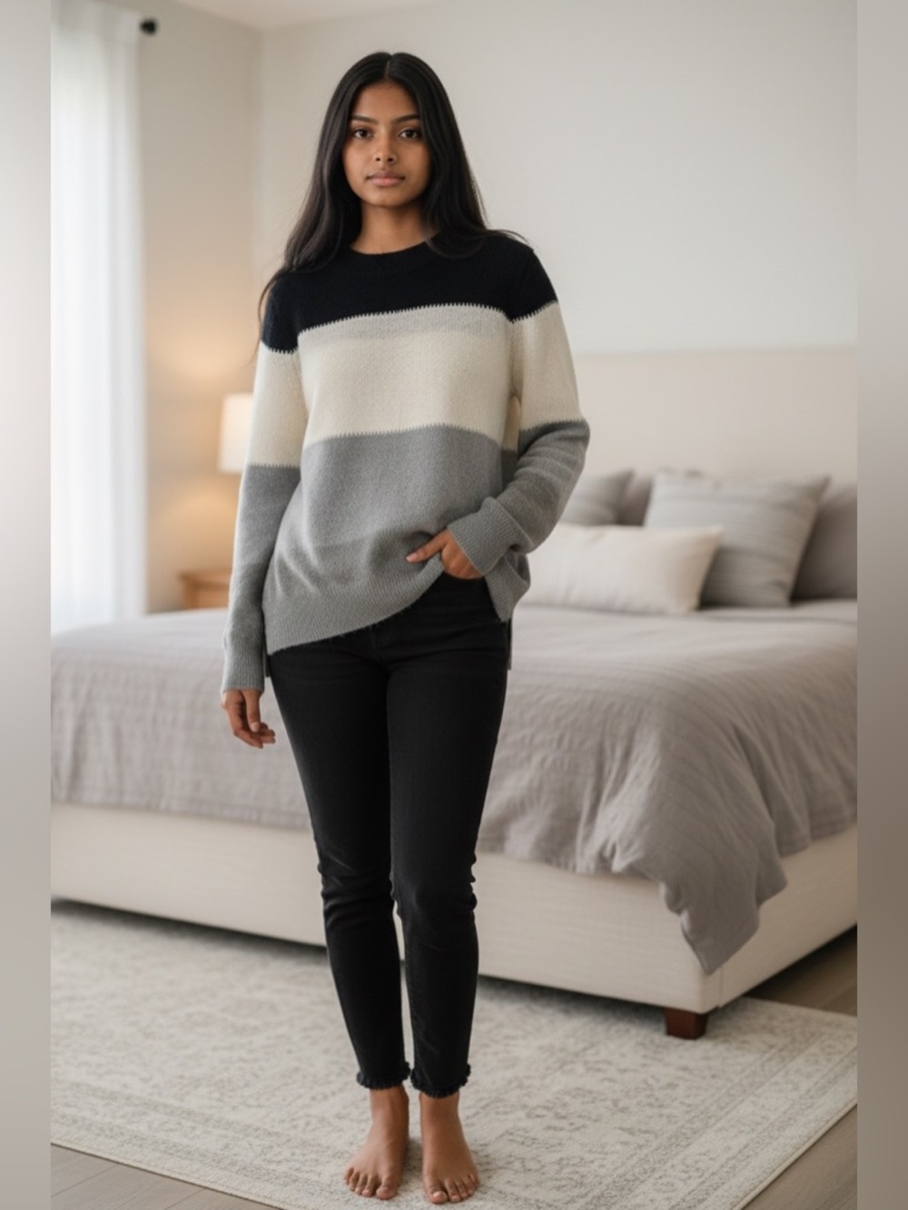 Colorblock Crew Neck Sweater - Black, Cream, and Gray